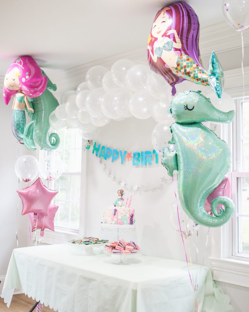 Mermaid Birthday Party Dessert Table and Balloons