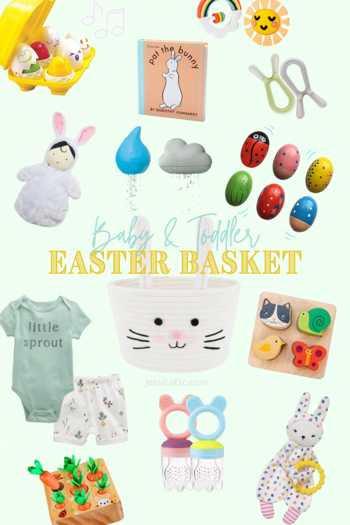 Easter Basket Ideas for babies and toddlers! Use fun and practical fillers for your growing baby like new toys, sizing up clothing, snacks, and books! Links included!