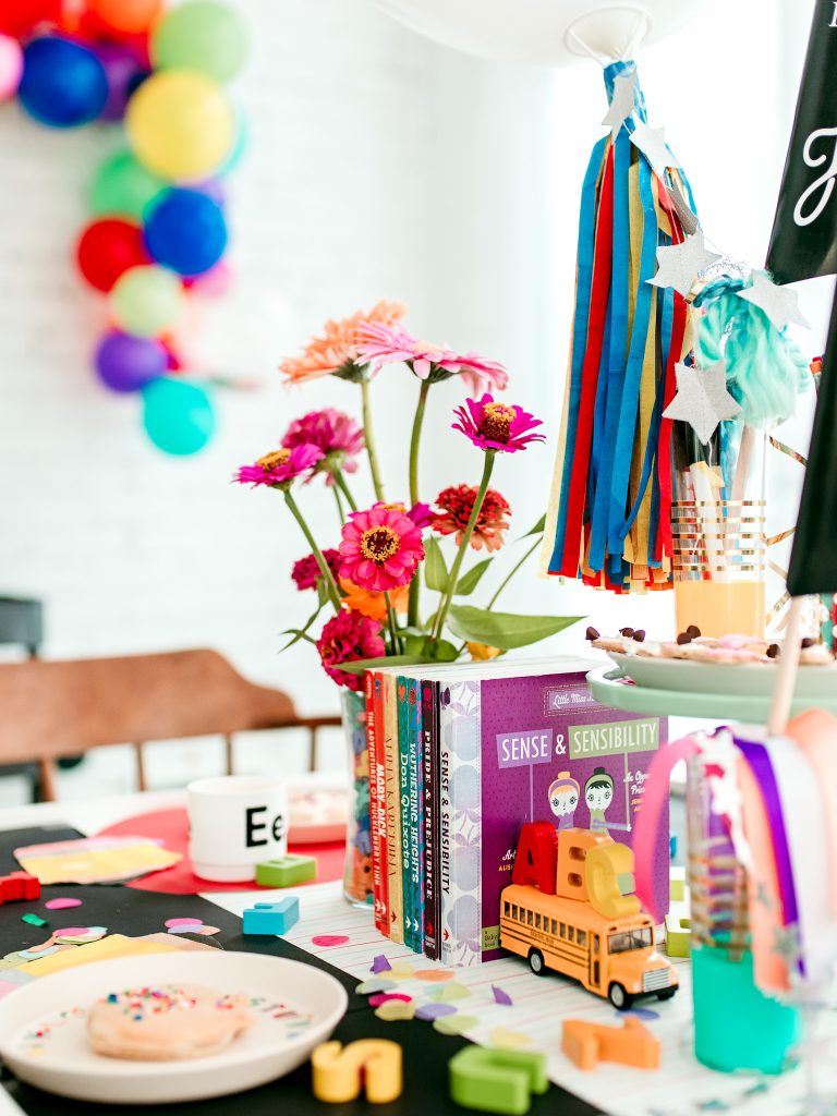 A bright and fun back to school table set to celebrate the first day! 