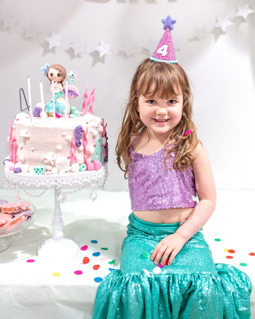 Mermaid Birthday Party Cake and Birthday Girl Outfit