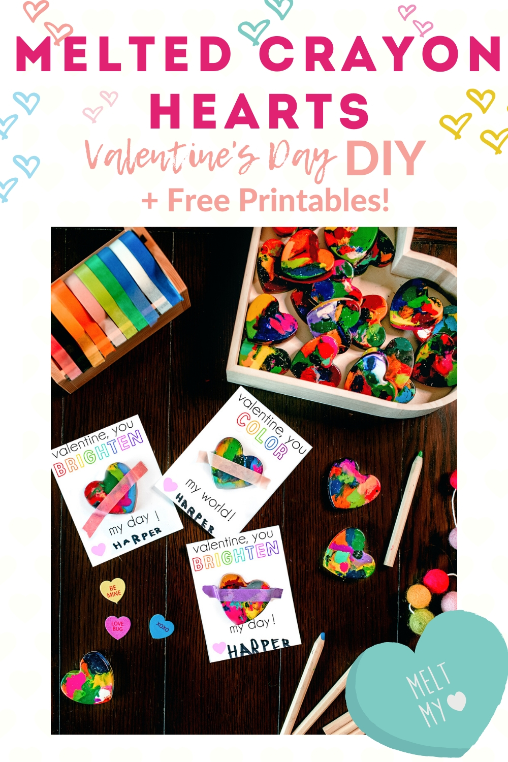 Make homemade melted crayon valentine hearts; a perfect non-food valentine treat! Instructions + two free valentine printables!
