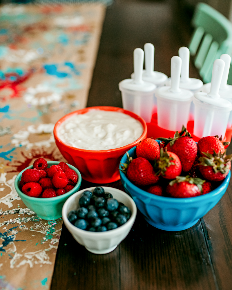 Recipe for Patriotic Pops! Red, White and Blue fruit and yogurt popsicles for the Fourth of July!