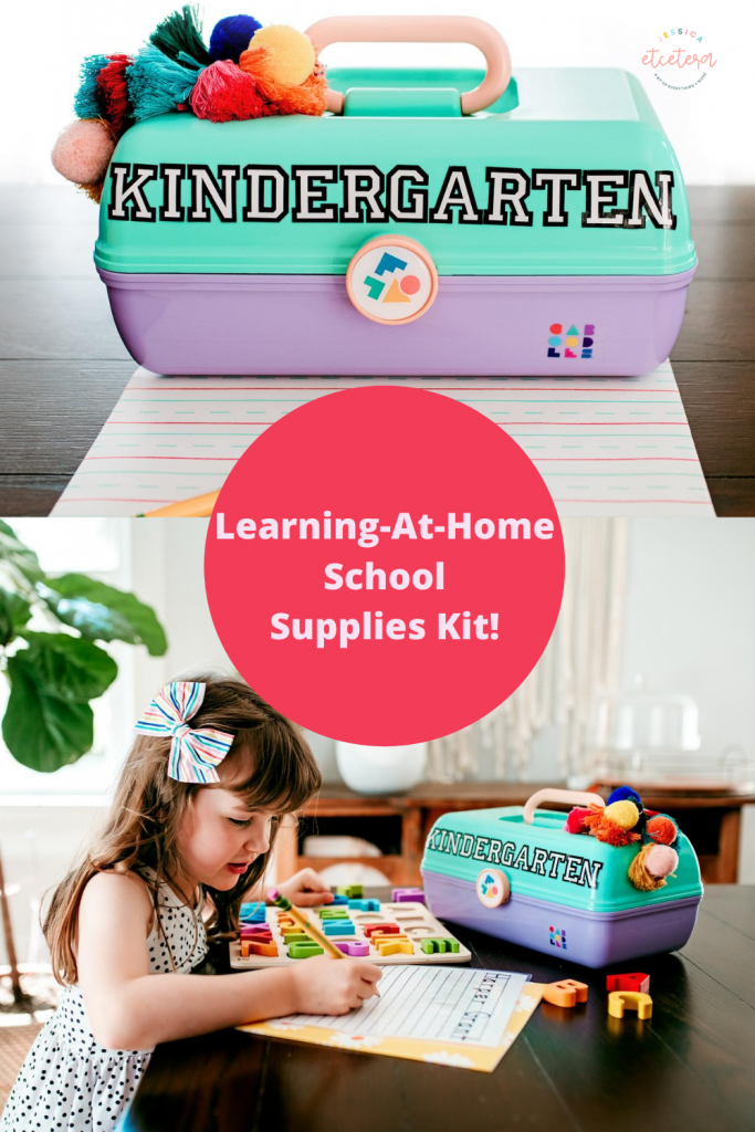 Create a fun and personalized homeschool storage solution! Make your homeschool classroom portable with this School Supplies Kit! Perfect for keeping small spaces organized. #homeschool #remotelearning #distancelearning #backtoschool