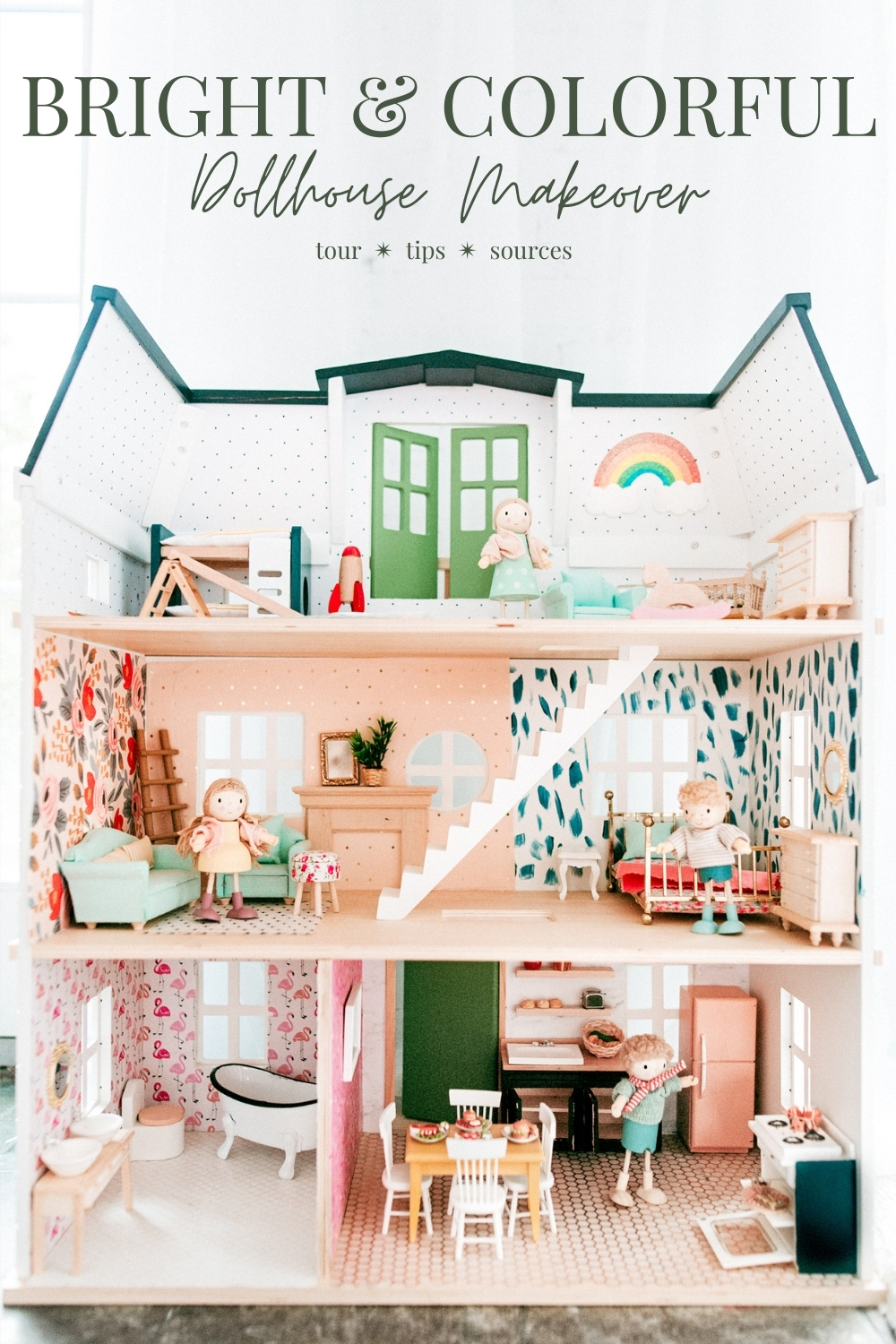 Tour, tips, and best buys for a bright and colorful DIY dollhouse makeover!  @jessicagrant14 on IG