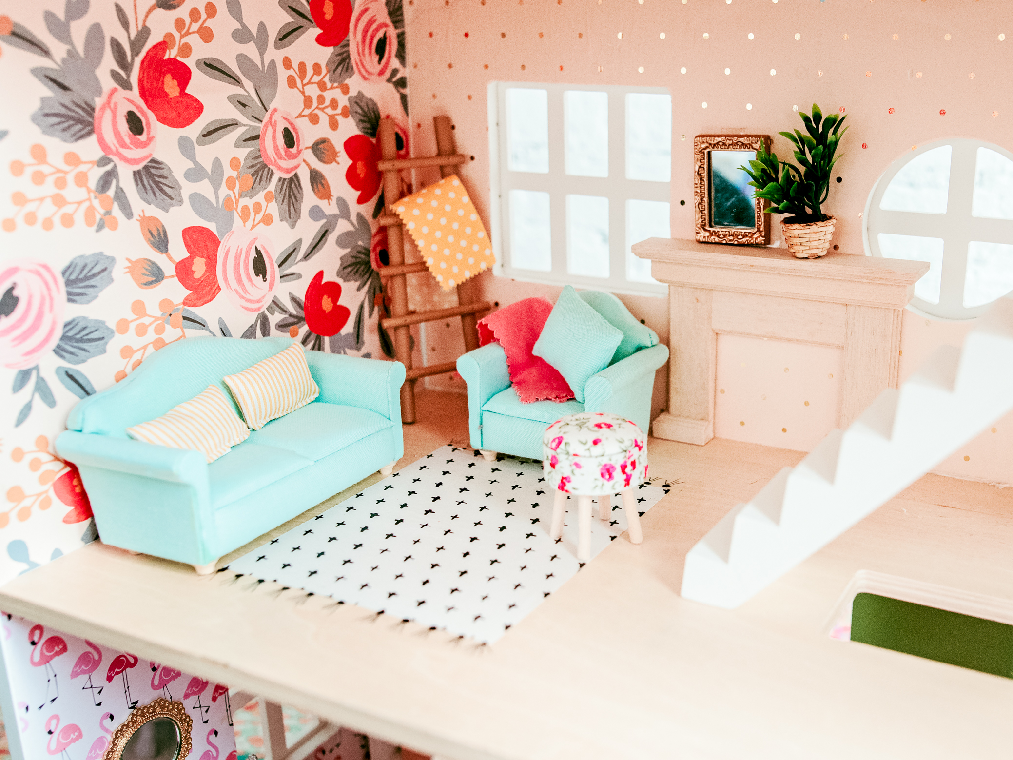 Miniature dollhouse living room inspiration. Dollhouse decor in the Hearth and Hand dollhouse