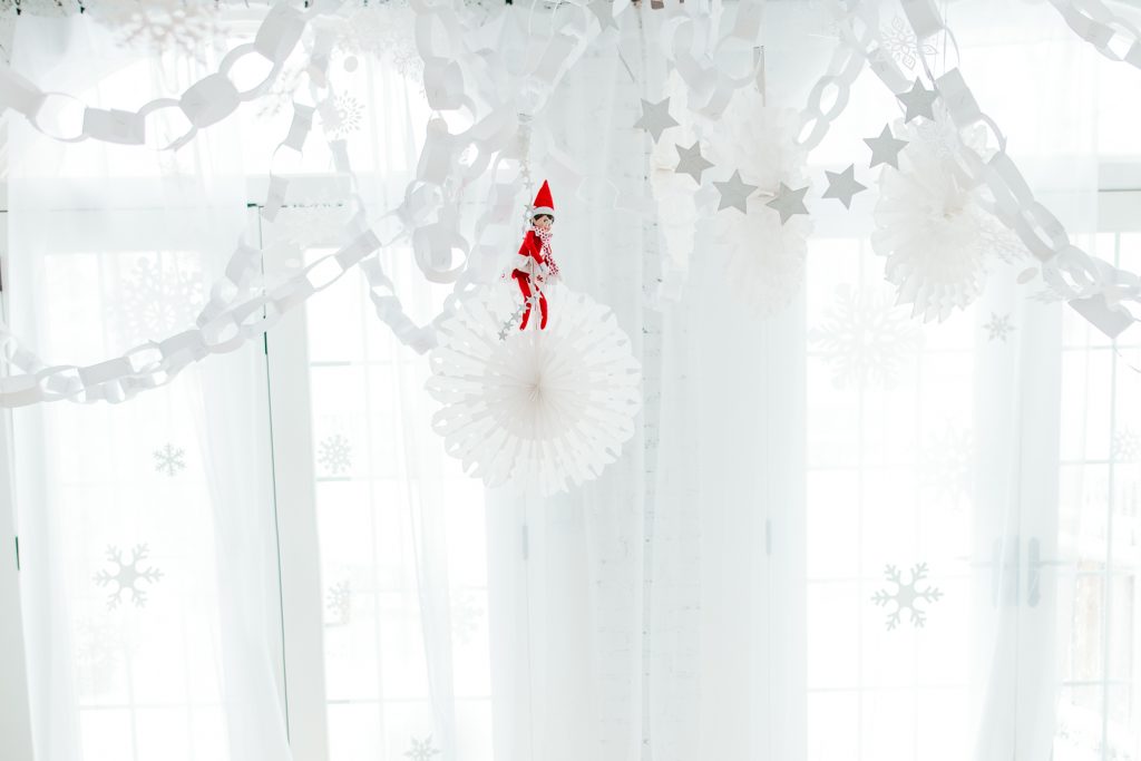 Elf on the Shelf snowflake ceiling DIY to create an indoor winter wonderland