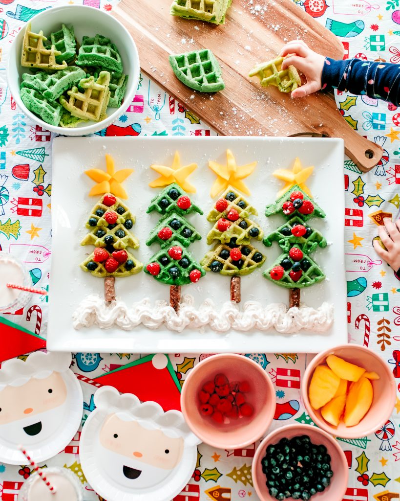 Whimsical Christmas Tree Waffles made with fruit ornaments ! Fun and festive holiday Christmas breakfast to make with your kids!