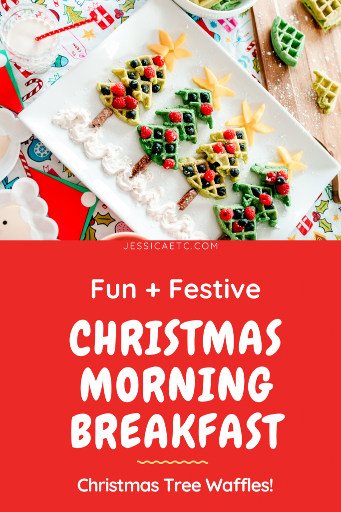 Make a fun and festive treat for Christmas morning! These whimsical Christmas Tree Waffles are decorated with fruit and adorably sweet!