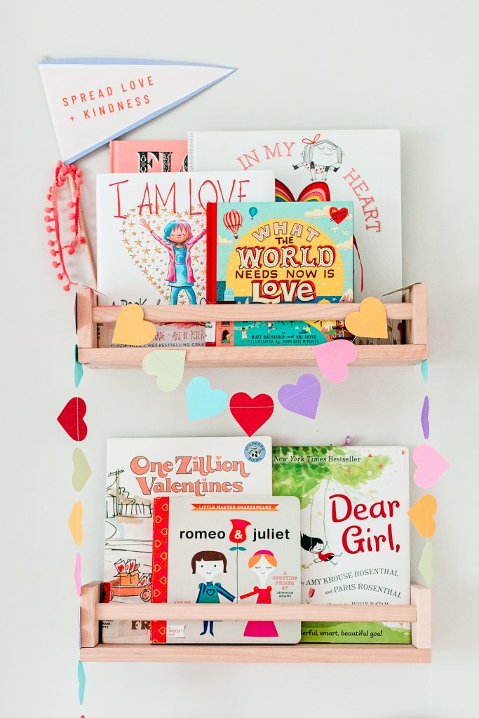 Valentine's Day Book Shelves. Bright and colorful Valentine's Day decor. Valentine's Day Books for Kids