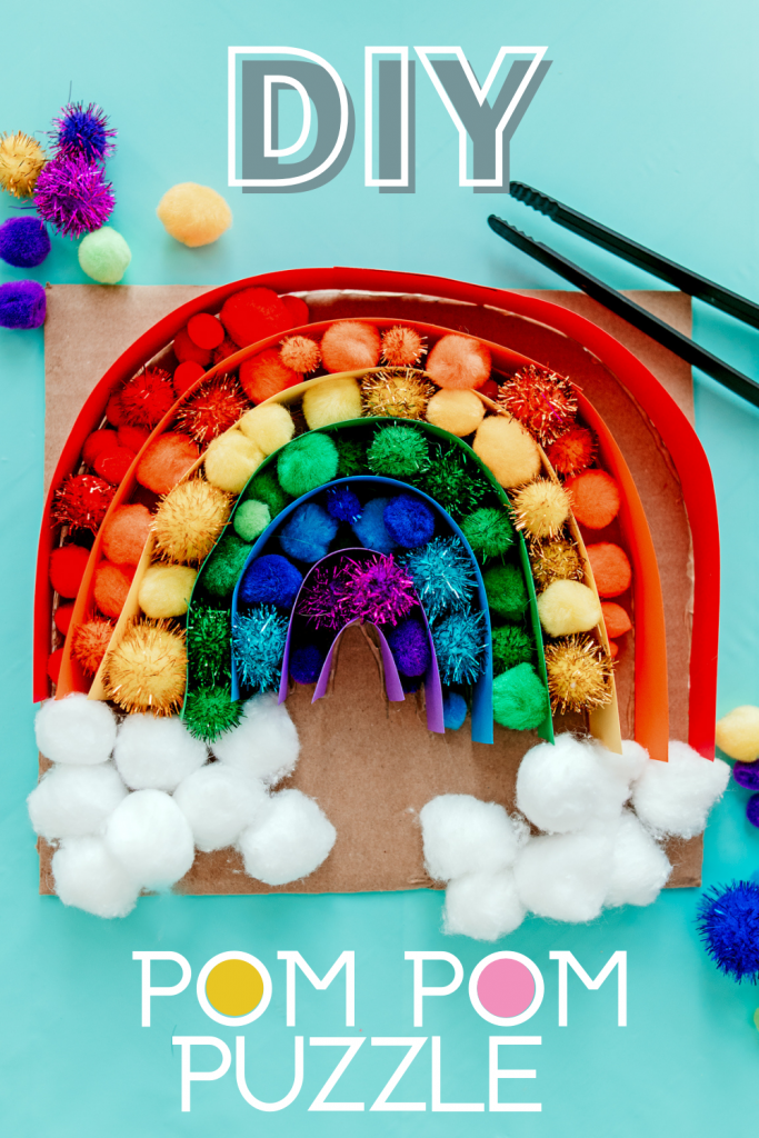 DIY Pom Pom Sensory Puzzle! Make an easy homemade learning toy using a cardboard box and pom poms! Rainbow colors sorting activity. Creative rainbow craft. Fun reusable activity for toddlers, preschool, and beyond!