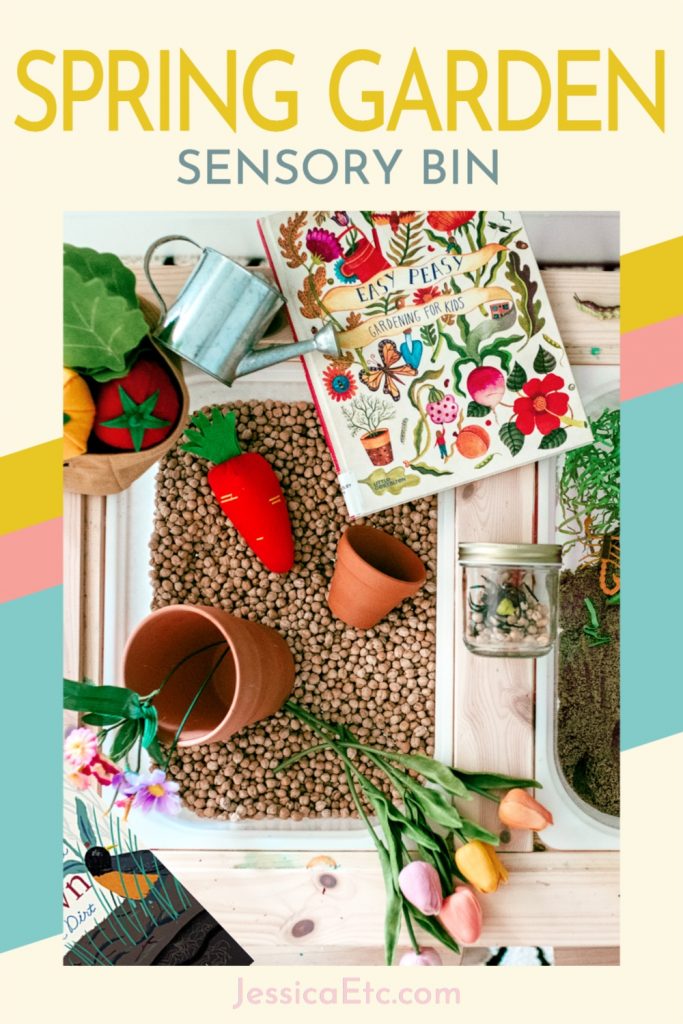 Dig into this spring garden sensory bin! Kids of all ages will love this mess-free kid friendly garden they can play with indoors to plant their own veggies and flowers, dig for bugs, and even make a delish mud cake!