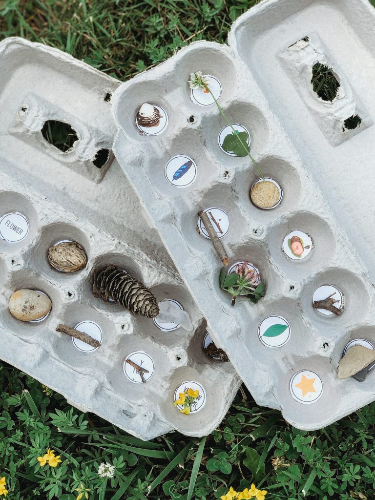 Nature Scavenger Hunt for kids using egg cartons to collect treasures! Print a free list with words and pictures here!