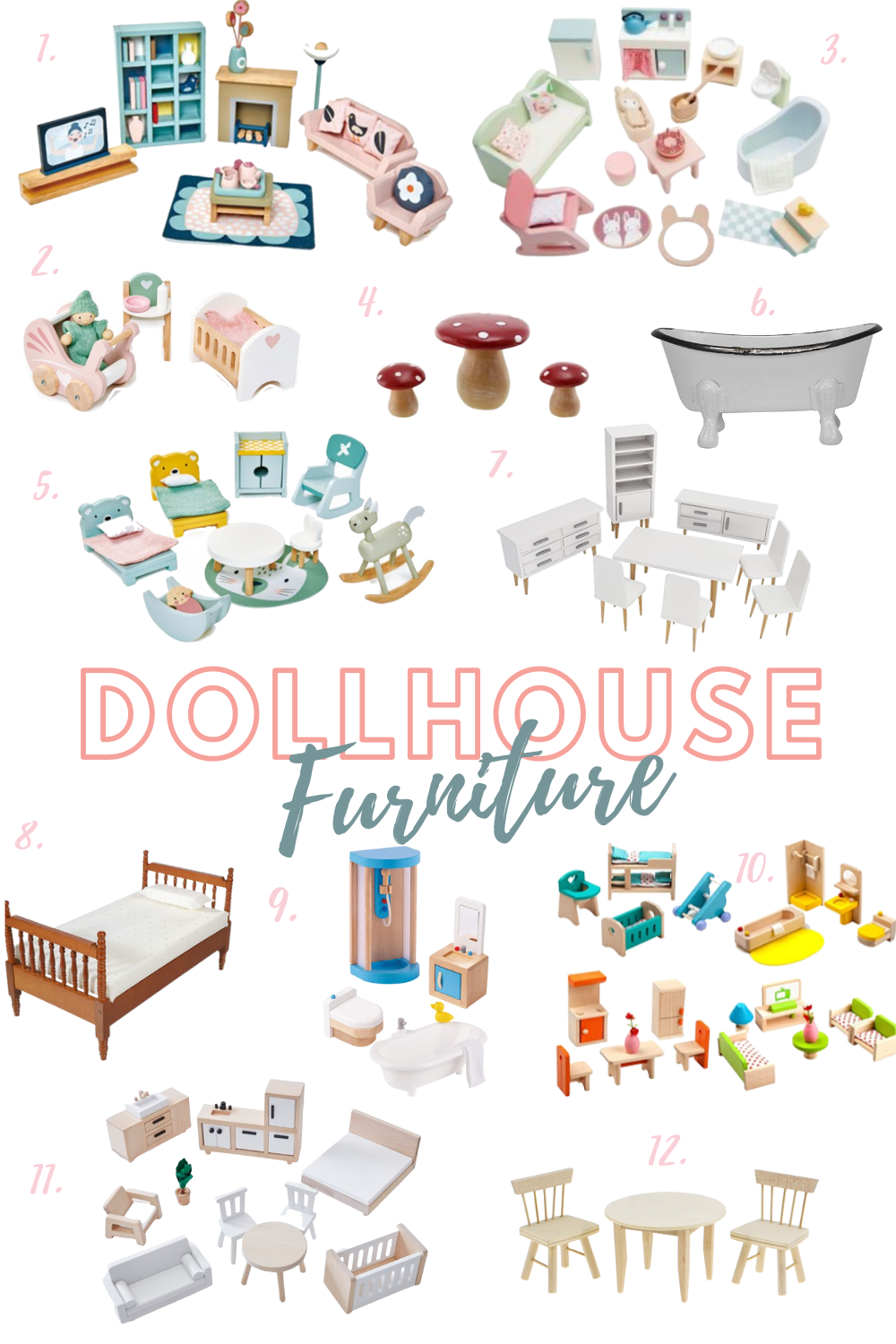 Adorable list of dollhouse furniture for refinishing a DIY dollhouse makeover; find the cutest dollhouse furniture sets!