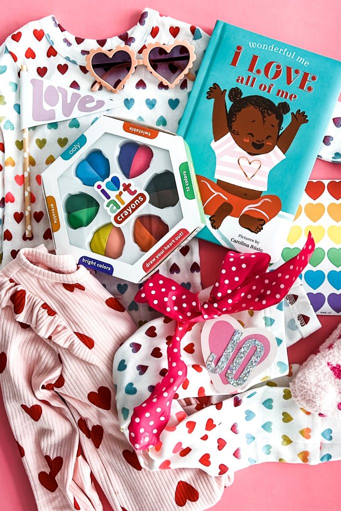 Valentine's Day gift for baby! Inspiration to make a toddler Love Basket. Valentine's Day pajamas for toddlers. Valentines Day gifts for toddler