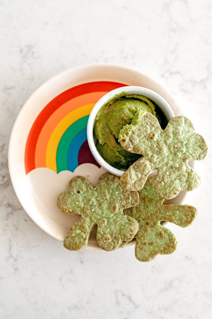 Make an easy and healthy snack for St Patrick's Day. Green tortilla shamrock tortilla chips recipe to make at home