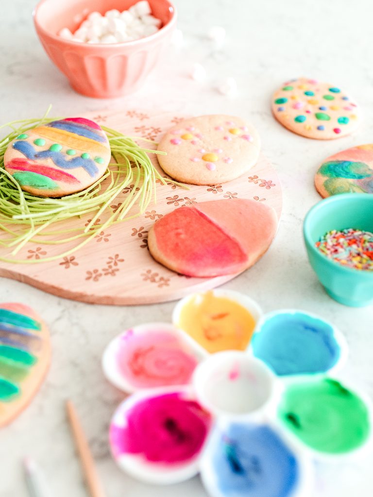 An edible paint recipe that can be used to decorate beautiful Easter cookies with kids.