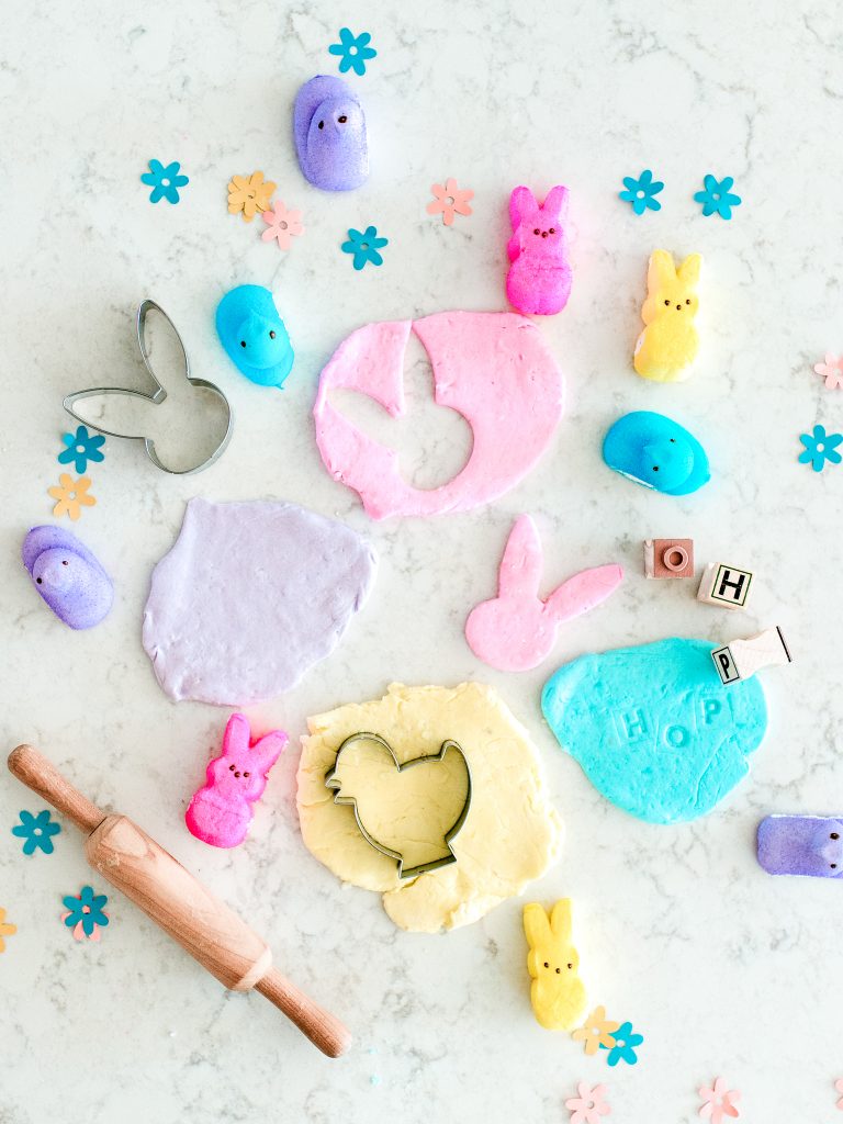 Use Peeps marshmallows to make edible play dough! Add rolling pins, cookie cutters, and stamps for a fun activity before eating this Easter treat!