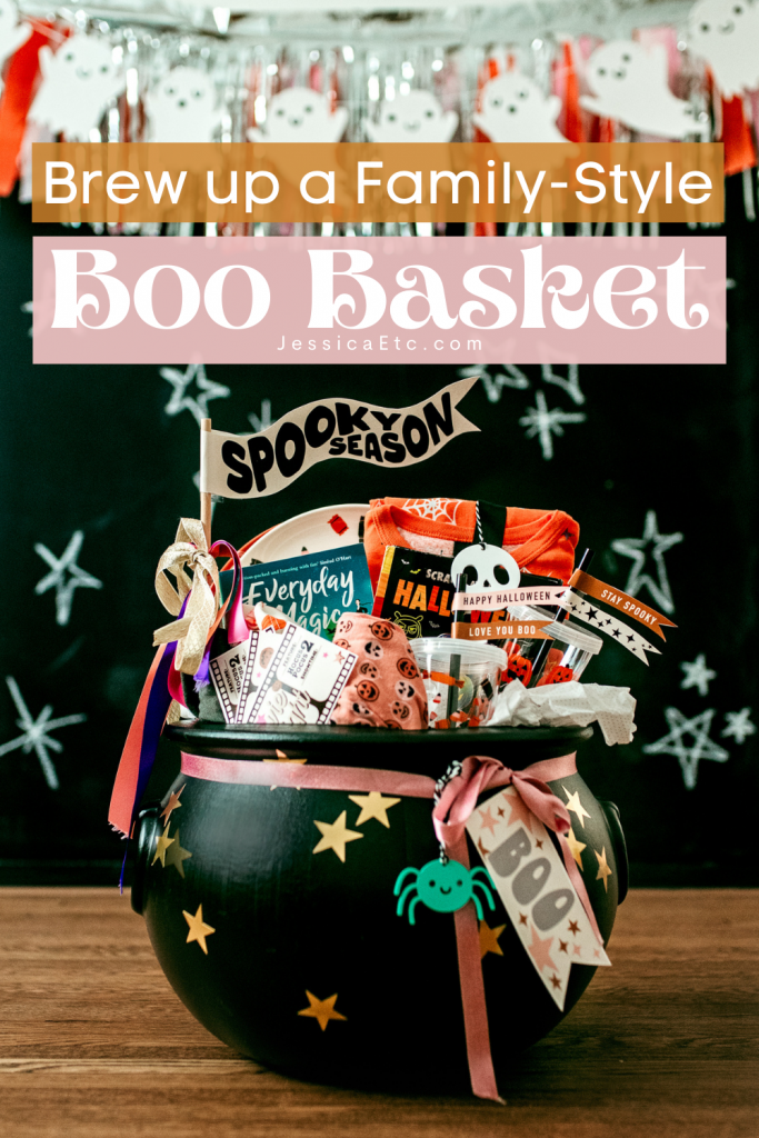 A family Boo Basket full of goodies to enjoy during the month of Halloween. Boo Basket ideas for the whole family including pajamas, books, puzzles, and movie night tickets!