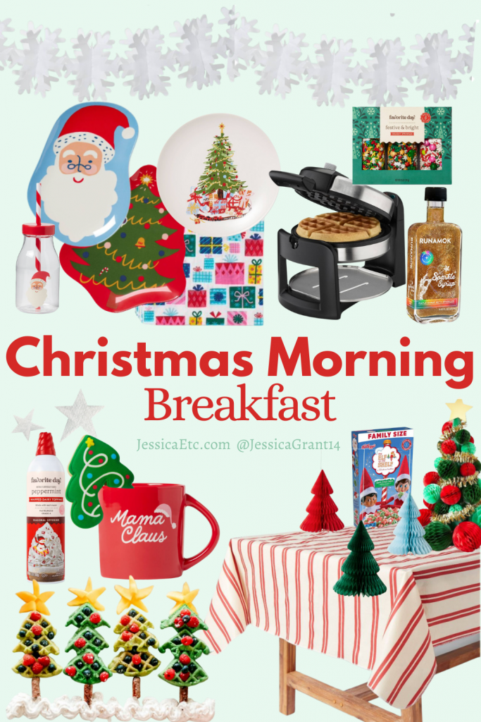 A fun Christmas morning breakfast! Christmas tree waffles served with sprinkles, whipped cream, and fun dining room decor!