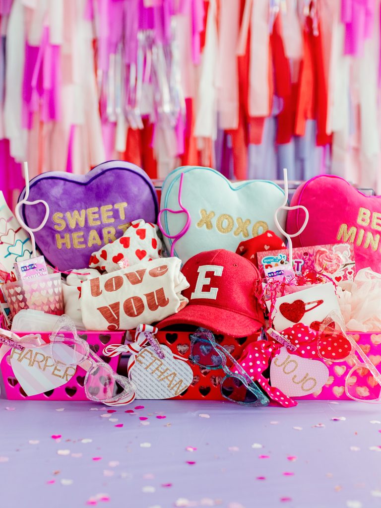 Valentine's Day Love Baskets filled with Valentine gifts for kids. 